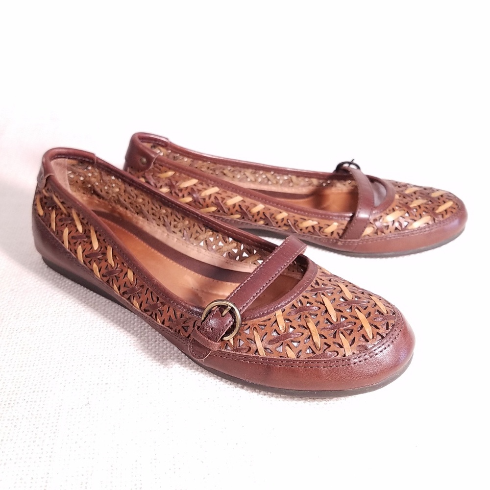 Nurture Brown Leather Woven Mary Jane Flats
